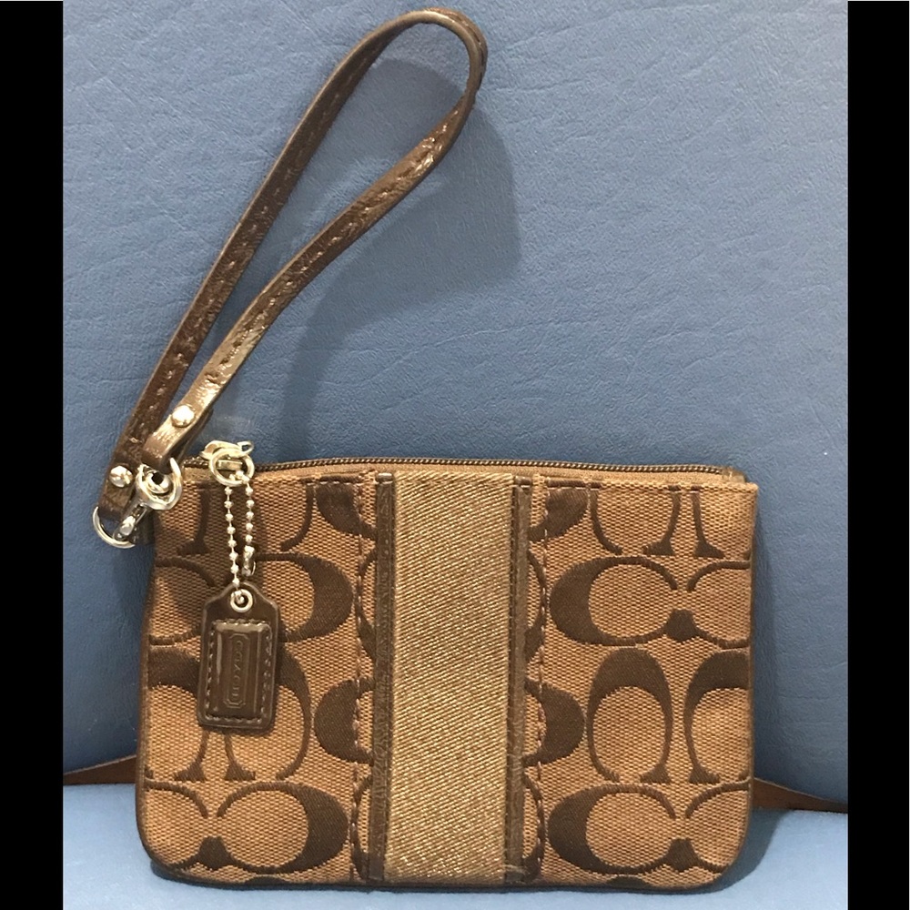 Coach brown signature w/leather trim wristlet